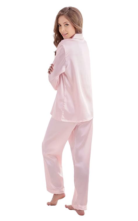 Womens Silk Satin Pajama Set Long Sleeve Light Pink With White Piping Tony And Candice