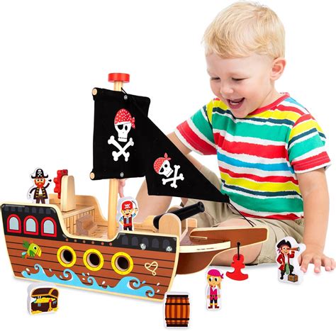 Artcreativity Wooden Pirate Ship Toy Set For Kids Pirate
