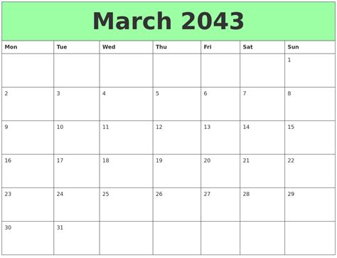 March 2043 Printable Calendars