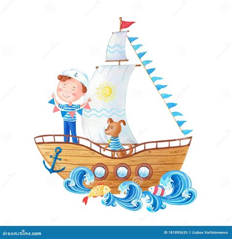 The Little Sailor With Flags And Dog On Wooden Shipa Cute Cartoon Boy