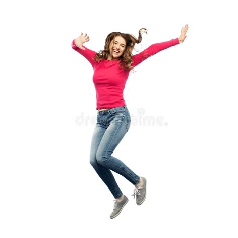 Smiling Young Woman Jumping In Air Stock Photo Image Of Active