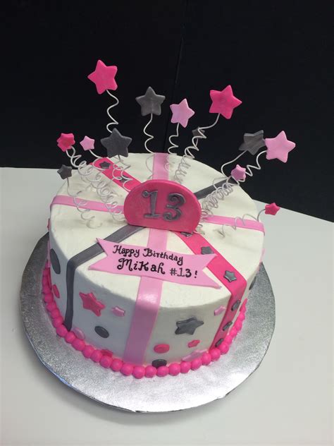 13th Birthday Cake With Stars Stripes And Polka Dots Pink And Silver