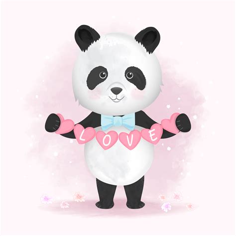Hand Drawn Panda Holding Hearts With Love Text 696791 Vector Art At