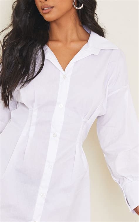 Petite White Fitted Waist Long Sleeve Shirt Dress Prettylittlething Usa