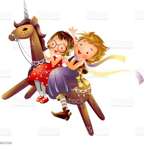 Profile Of Two Girls Riding A Wooden Unicorn Stock Illustration