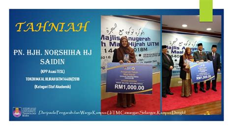 Pada majlis sambutan maal hijrah peringkat kebangsaan, seorang penerima anugerah tokoh maal hijrah peringkat kebangsaan akan dipilih dan bakal menerima wang tunai rm100,000, pingat dan sijil penghargaan. Tokoh MAAL HIJRAH 2018