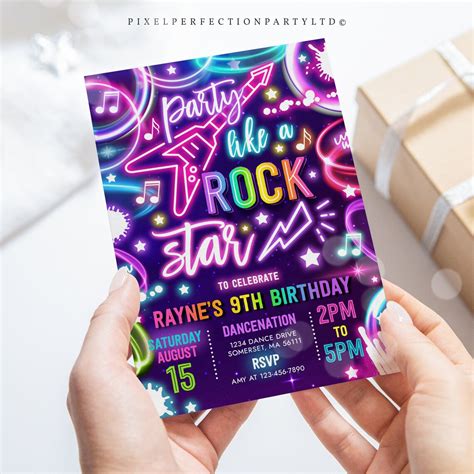 Editable Rock Star Birthday Party Invitation Neon Glow Party Etsy
