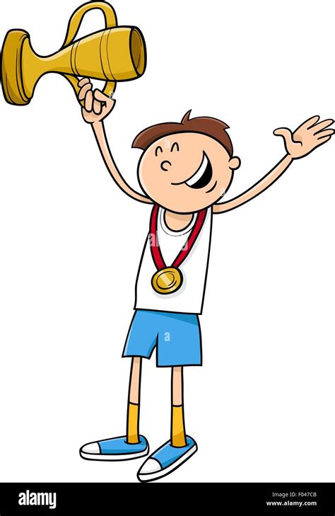 Cartoon Illustration Of Happy Boy Winner With Gold Medal And Cup Stock