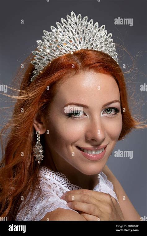 Adorable Redhead Woman Wearing Crown Smiling Laughing Looking At You Camera Happy Caucasian