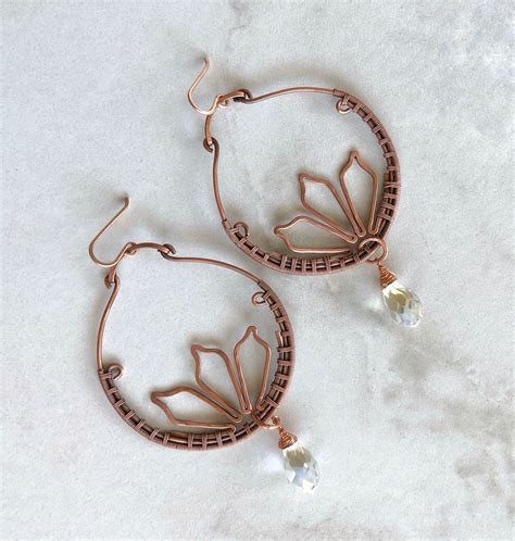 Handmade Large Wire Wrapped Copper Hoop Earrings With Flower Petal