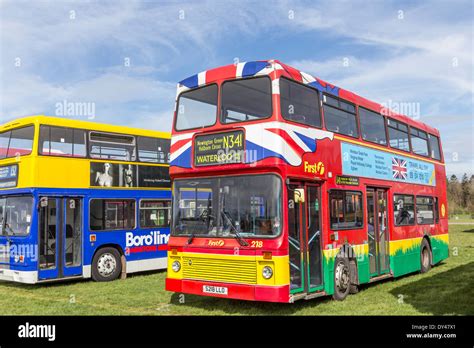 Colourful Modern Buses At Display Of Heritage Vehicles Stock Photo Alamy