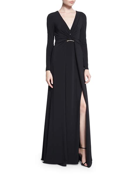Halston Heritage Long Sleeve Twisted Front Jersey Gown