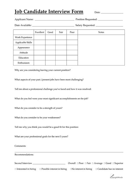 Samplewords Candidate Interview Printable Fill Online Printable