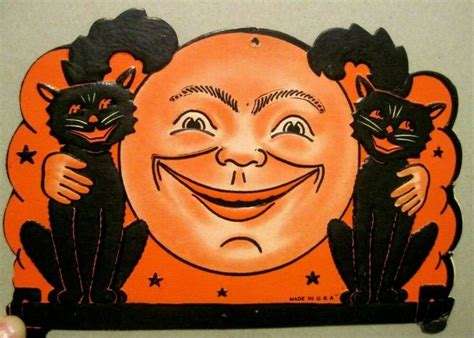 Vintage Halloween 1950s Beistle Two Black Cats Smiling Full Moon Wall
