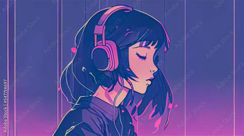 Beautiful Anime Girl Listening To Lofi Hip Hop Music With Headphones