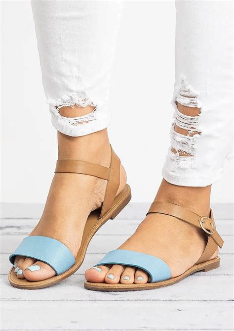 Summer Ankle Strap Flat Sandals Light Blue Bellelily