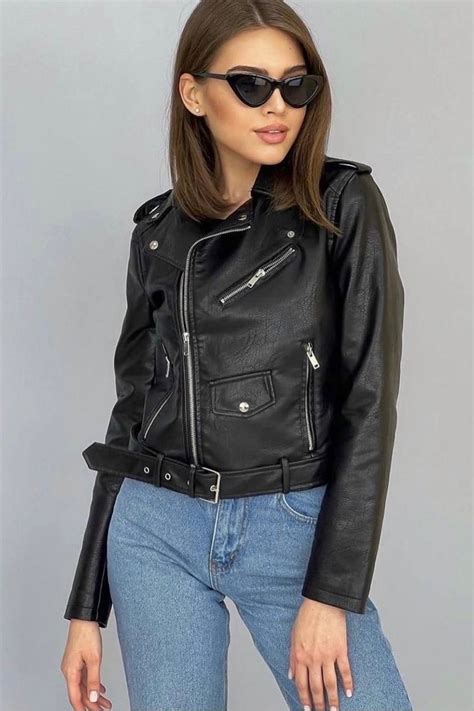 Женская куртка косуха черная кожаная экокожа кожзам короткая молодёжная