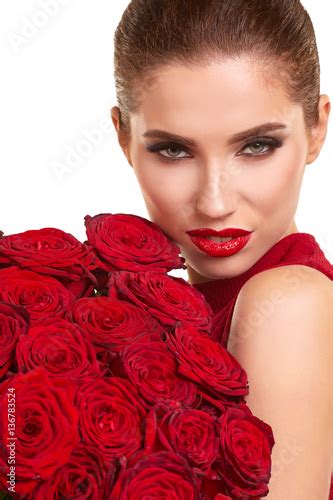 Beautiful Model Posing With Red Roses In The Studio Valentines Stock
