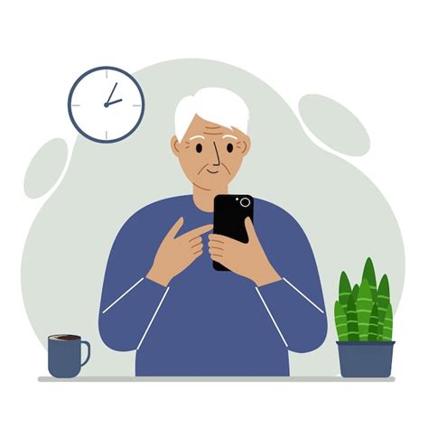 Premium Vector Grandpa Holds A Mobile Phone In His Hand Elderly Man Learning To Use The