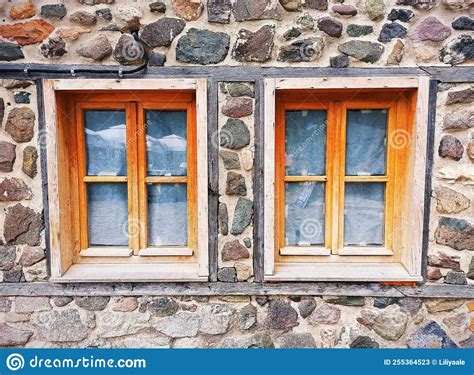 Two Vintage Wooden Windows On Stone Wall Old Buildings Esthetic Stock