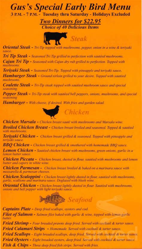 Gus's Steakhouse menu in Sonora, California, USA
