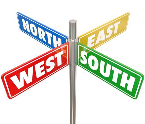 North South East West Road Signs Travel Direction 4 Way Route Stock