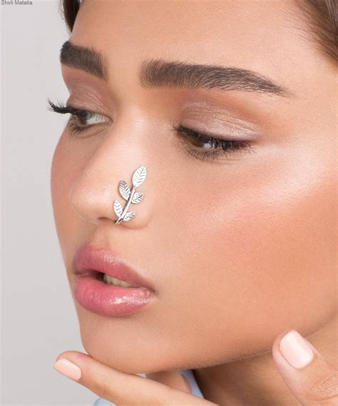 Long Faux Leaves Nose Ring Silver Faux Nose Ring Fake Nose Etsy