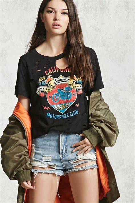 Forever 21 Ripped Moto Club Graphic Tee Jean Short Outfits Top