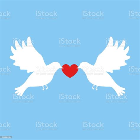 Vector Flat Hand Drawn Pair Of Love Doves Silhouette Stock Illustration