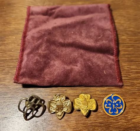 Lot Of 4 Brass Vintage Girl Scout Pins Brooche Brownie Pin Eagle Pin