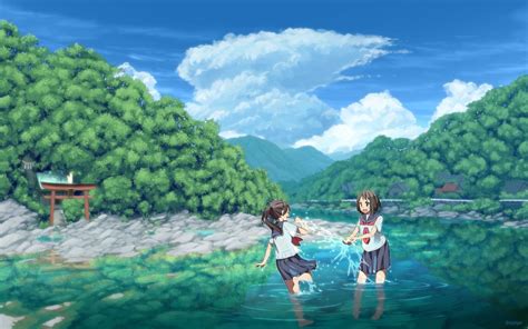 Anime Landscape River Girls Shrine Forest Trees Clouds Wallpaper 1920x1200 1090473 Wallpaperup