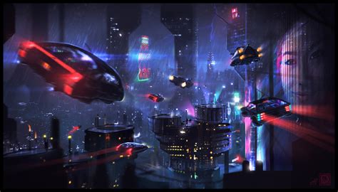 Wallpaper Cyberpunk Science Fiction Flying Car Night City Rain