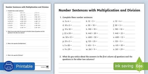 Number Sentences With Multiplication And Division Activity