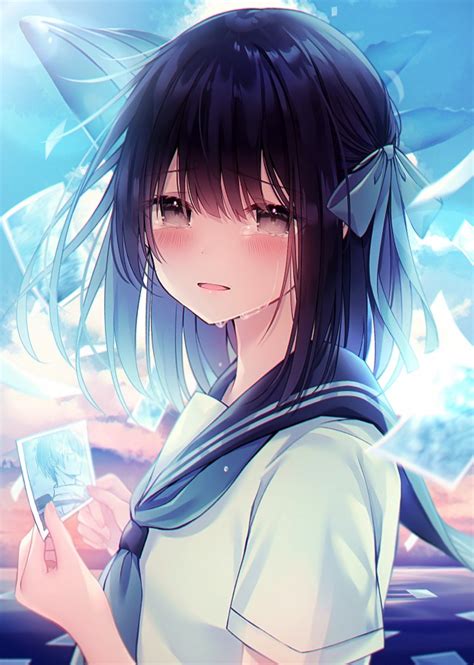 Wallpaper Anime School Girl Crying Teary Eyes Cute Black Hair