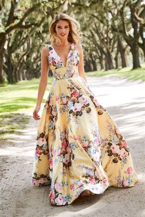 V Neck Floral Long Dress Sherri Hill Prom Dresses Floral Print Gowns