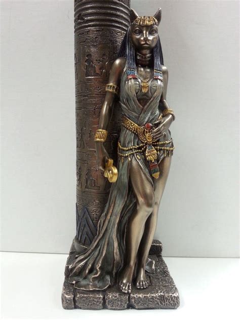 Egyptian Goddess Bast Bastet Cat Statue Leaning On Candle Pillar