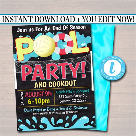 Editable Summer Pool Volleyball Party Invitation Printable Digital In