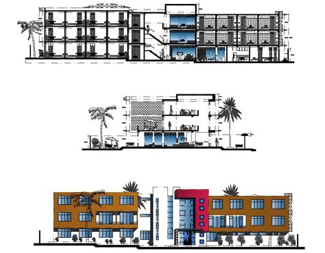 Hostel Building Sectional Elevation Design Autocad Drawing Dwg File