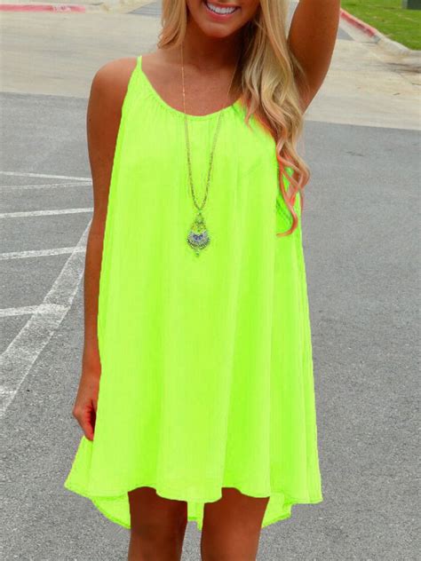 Neon Green Spaghetti Strap Hollow Shift Dress Neon Green Dresses