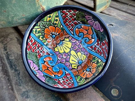 Mexican Talavera Pottery Bowl 5 12 Blue Orange Rustic Southwestern