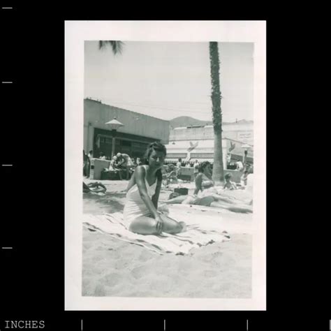 Old Vintage Photo Woman Beach Scene Sunbathing Pinup Girl Swimsuit Sexy