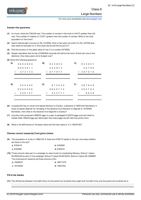 Large Numbers Worksheet For Class 6