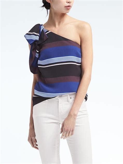 Banana Republic Easy Care One Shoulder Bow Top Petite Tops Stripes