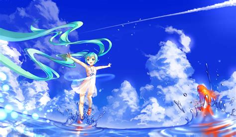 Anime Girls Water Sky Clouds Fish Vocaloid Hatsune Miku