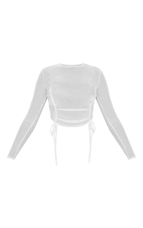 White Sheer Ruched Tie Long Sleeve Crop Top Prettylittlething Long