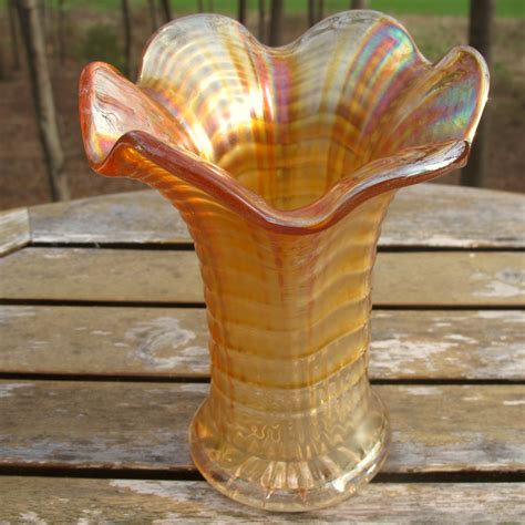 Antique Imperial Marigold Ripple Carnival Glass Mini Vase Squat Short Wow Carnival Glass