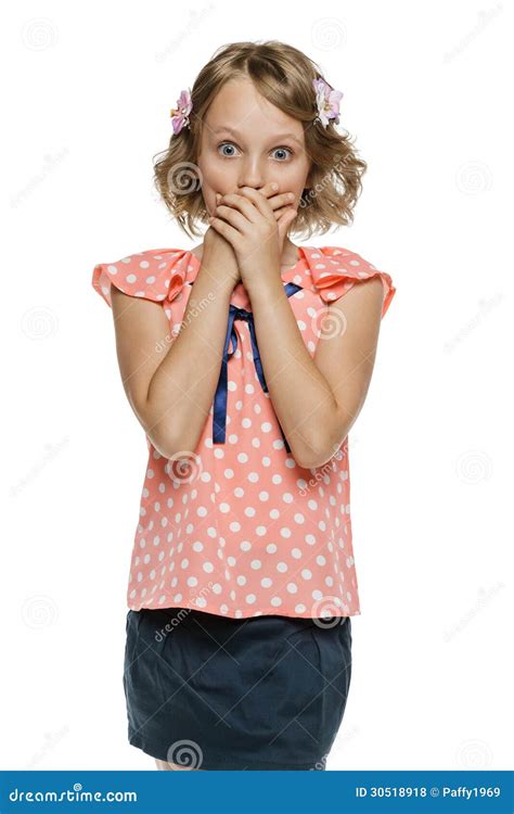 Frightened Little Girl Standing With Hands Over Mouth Stock Photo