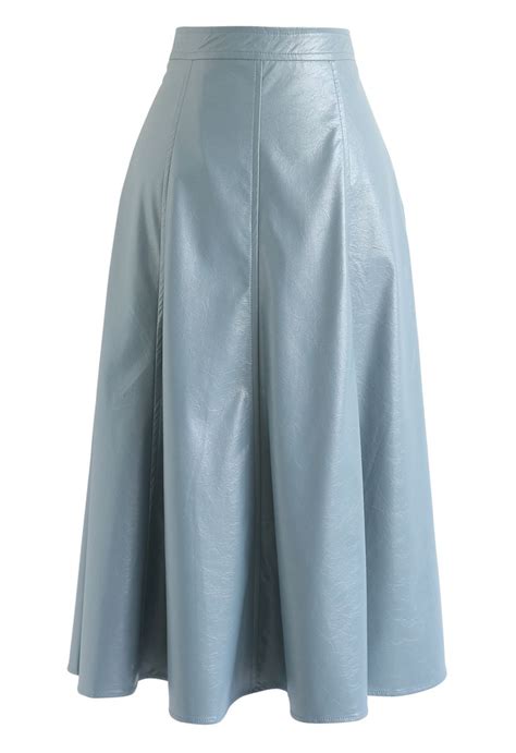 Faux Leather A Line Midi Skirt In Dusty Blue Retro Indie And Unique