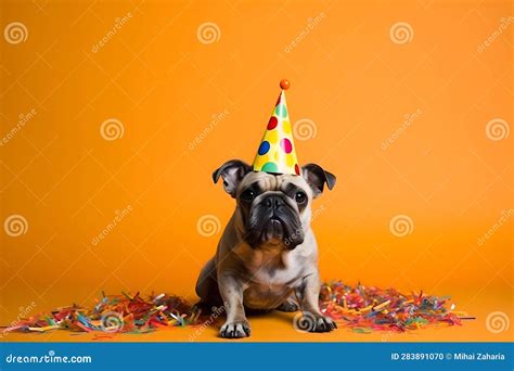 Funny And Friendly Cute French Bulldog Wearing A Birthday Party Hat In