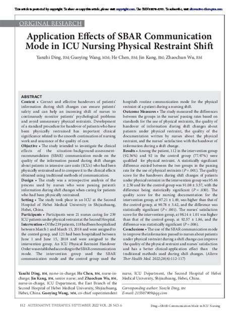 Application Effects Of Sbar Communication Mode In Icu Nursing Physical